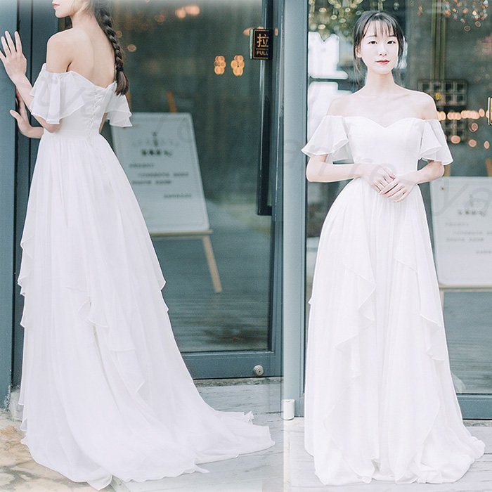 2021新品 ウェディングドレス 結婚式ロングドレス 二次会 花嫁 白ワンピース Aライン 安い 海外挙式 撮影 編み上げ式 人気 着痩せ パーティードレス シンプル