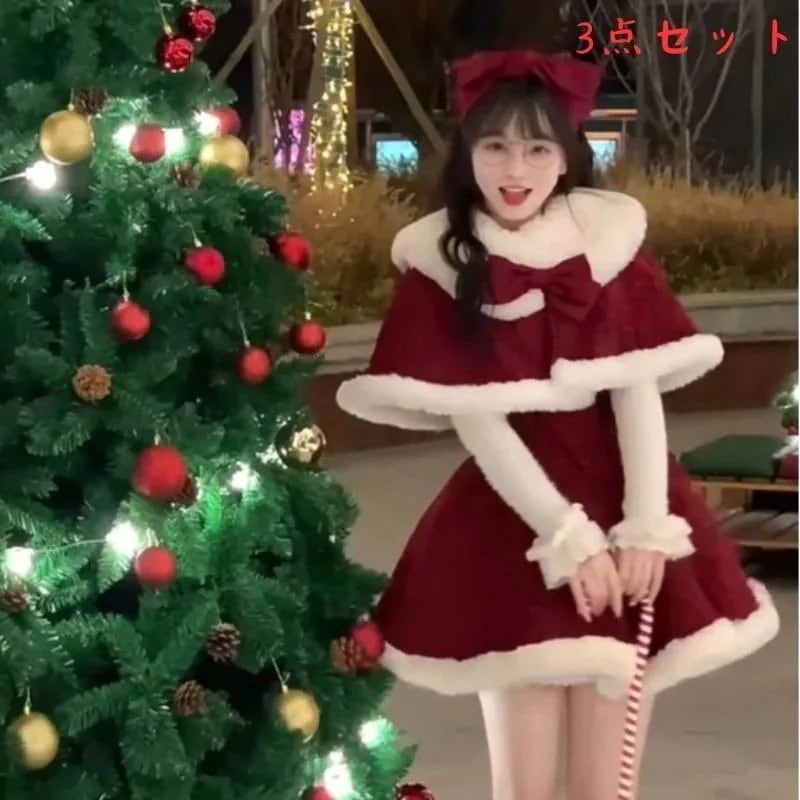 コスプレ サンタ ロリータ ショール 蝶ネクタイ ポンチョ ボトムス キャミソール 3 点セット 韓国 クリスマス 2026 新 ウエストすっきり大好評！