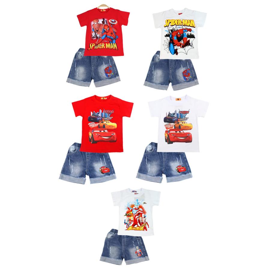 スパイダーマン ウルトラマン キッズ 男子 半袖tシャツ+短パン 上下セット コットン100％ 夏服 デニムショートパンツ 夏 トップス 子供服 柔らかい