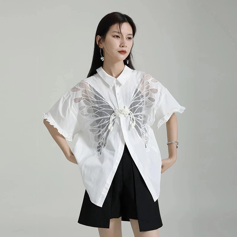 【J.Fashion】 リバーシブル ブラウス 両面で着られる 蝶柄 半袖 夏 シャツ 関連商品は店で購入可能30%までに制限