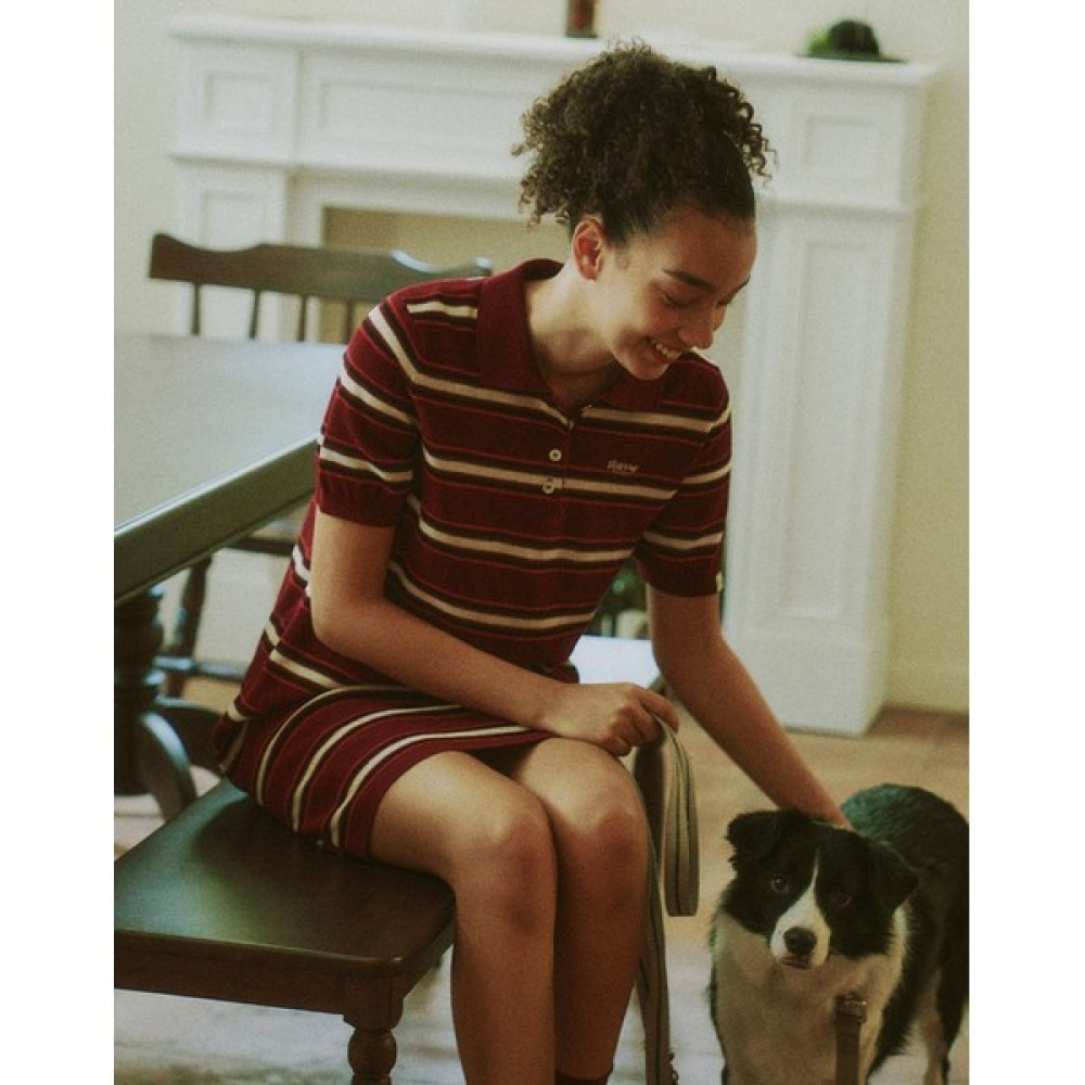 [ヘッジズレディース] 24FWアイテム] ストライプポロニットドレスバーガンディー HSDR4DL51D2