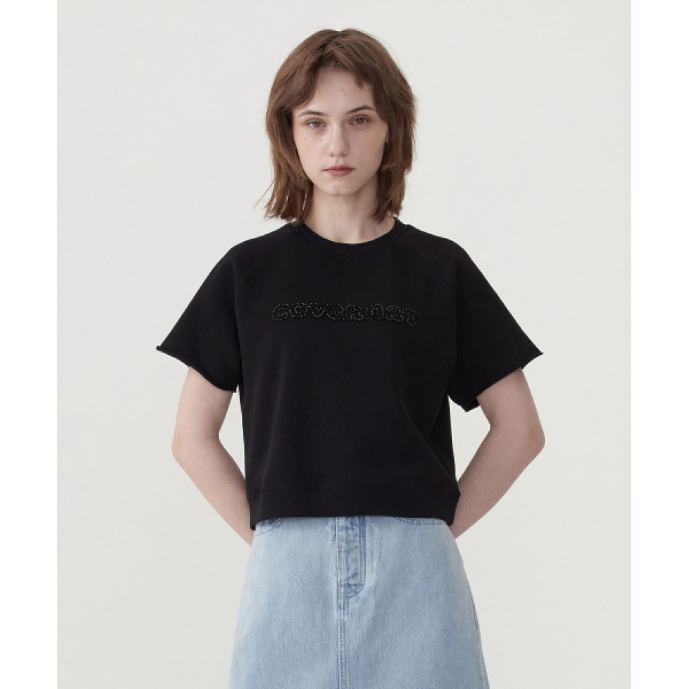 COVERNAT 女性用クロップパールクーパーロゴハーフスウェットシャツブラック