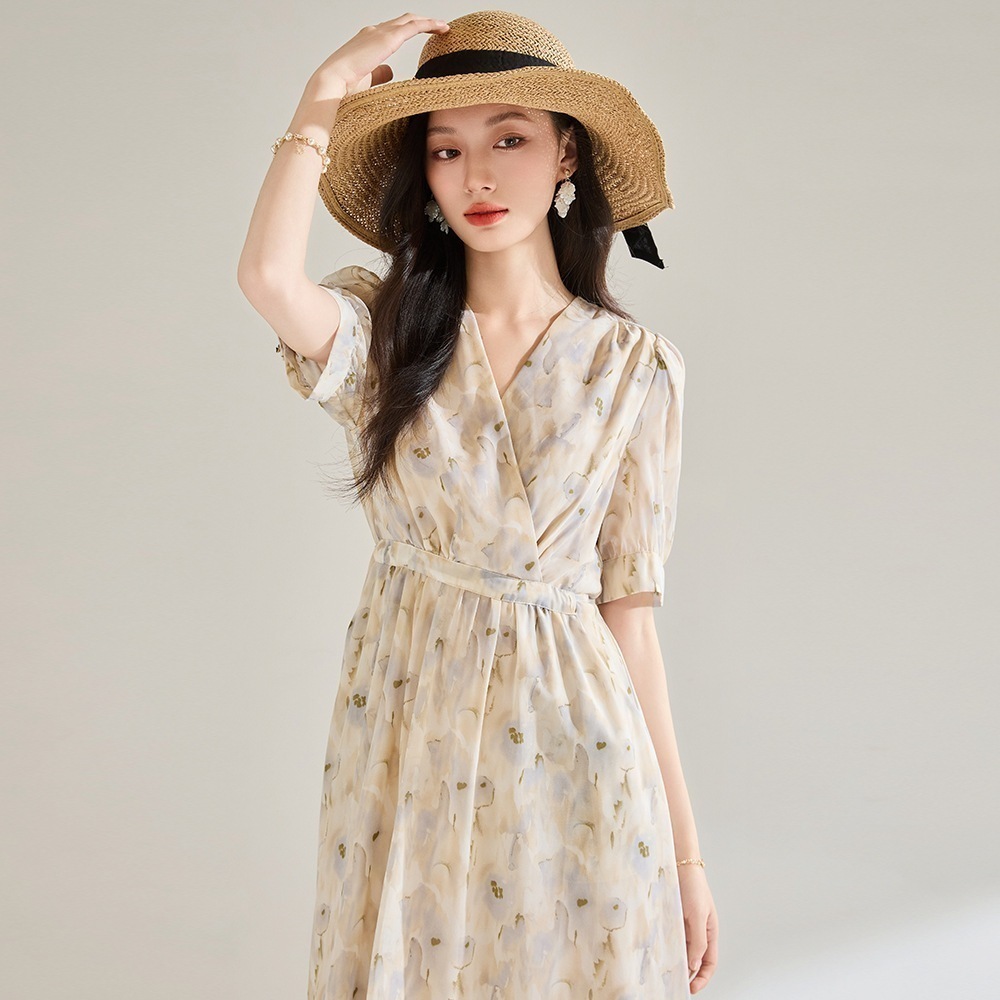 【送.料.無.料.急速発送】デート風花柄vビーチネックウエストビーチスカートワンピース