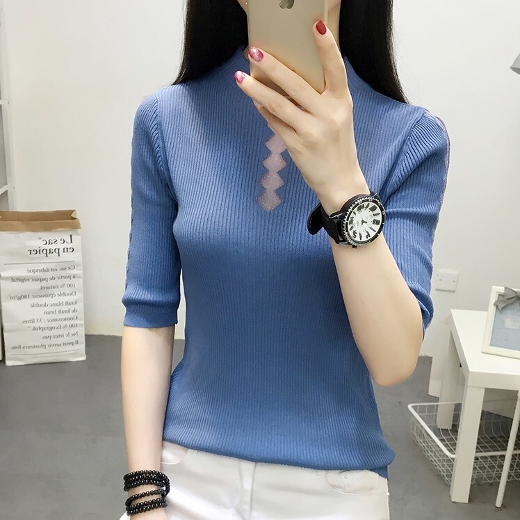 トップス ニットソー ミディアム丈 袖あり 5分袖 ハーフタートル スリム リブニット 伸縮性 かわいい 大人可愛い きれいめ シンプル 上品 おしゃれ 大人女子 こなれ感 クール エレガント 存在感