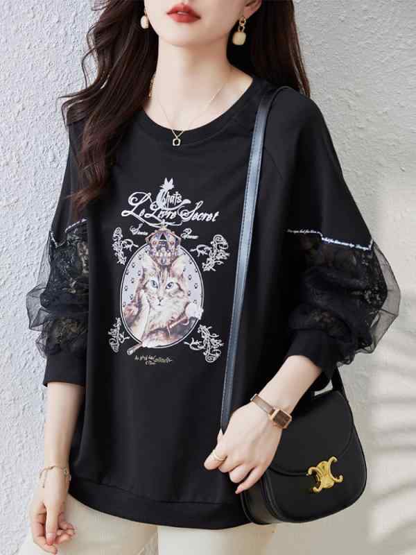 ファッション 服 オシャレ カワイイ シンプル 大カワイイ サイズ 婦服 プリント ラウンドネック セーター 秋 韓国スタイル トップス