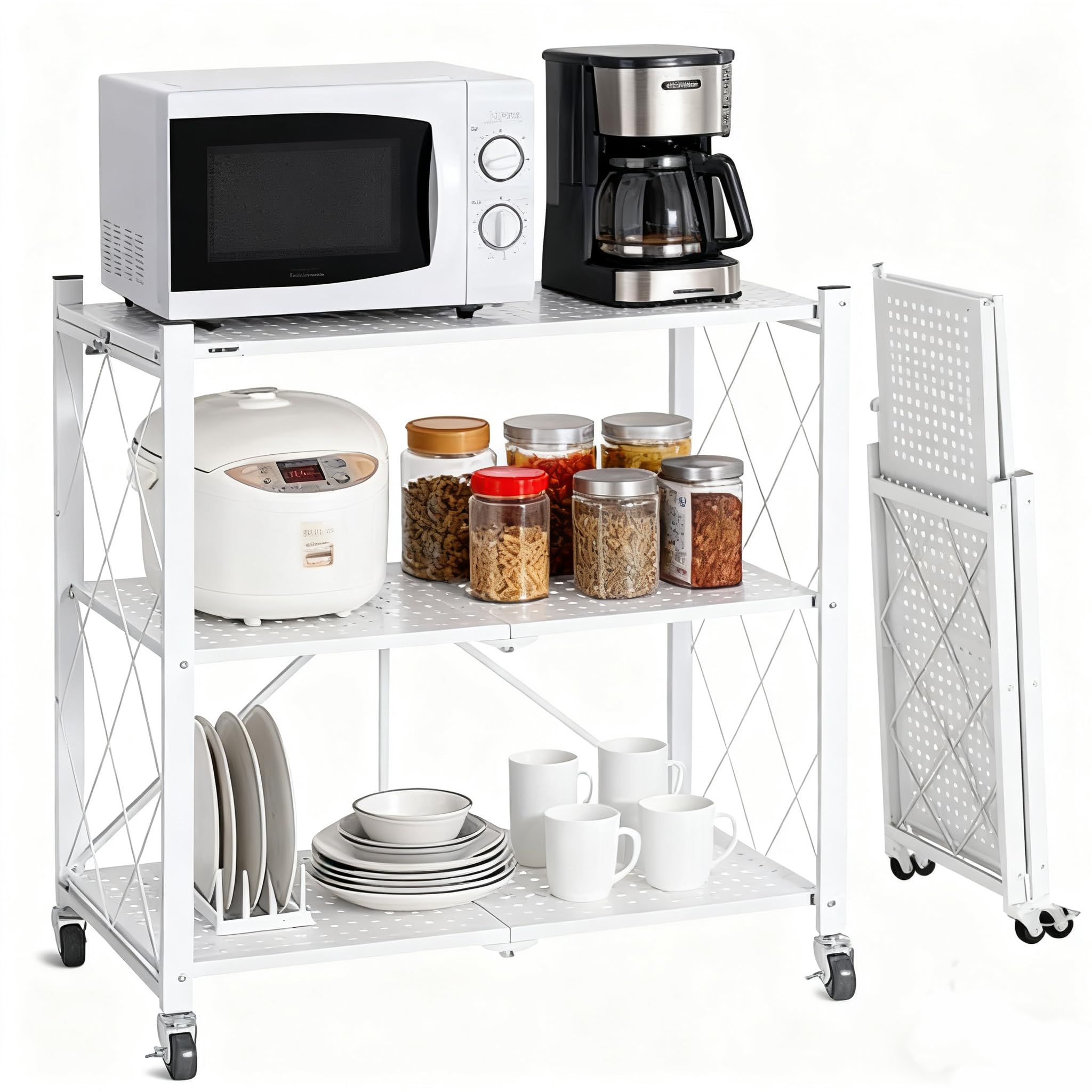 3段折りたたみ収納ラックスチールラックキャスター付き金網ラック移動式キッチン収納ラック電子レンジ ラック洗濯機ラック本棚オープンシェルフ 大容量 耐荷重50kg 移動便利 360度回転ホ