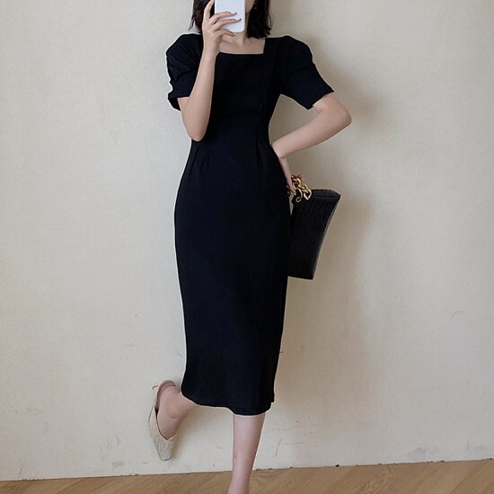 【取寄：納期2週間】ワンピース 夏 半袖 パフ袖 ワンピース ハイウエスト タイト 大人 ワンピース ミモレ丈 スクエアネック かわいい ワンピース 夏 半袖 パフ袖 ワンピース ハイウエスト タイト