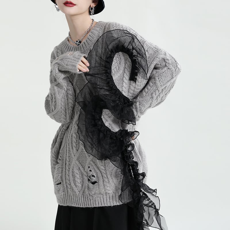 個性的 トップス カットソー ニットソー セーター 袖あり 長袖 ラウンドネック タートルネック レース パフスリーブ かわいい 大人可愛い カジュアル おしゃれ お洒落 かっこいい wto0248