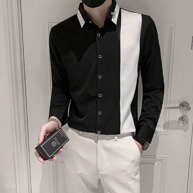 トップス 上着 人気 おすすめ おしゃれ お洒落 激安 安い プチプラ カジュアルシャツ 長袖 ロング ワンポイント バイカラー ポリエステル 韓国 かっこいい 大人 上品 きれいめ sh0