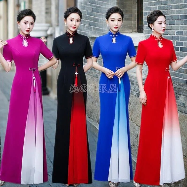チャイナドレス ロング丈 半袖ドレス エレガント 優雅 女性 大人用 ママさん　中華ドレス ロング チャイナ ワンピース チーパオ パーティードレス 二胡 箏 演奏30%までに制限