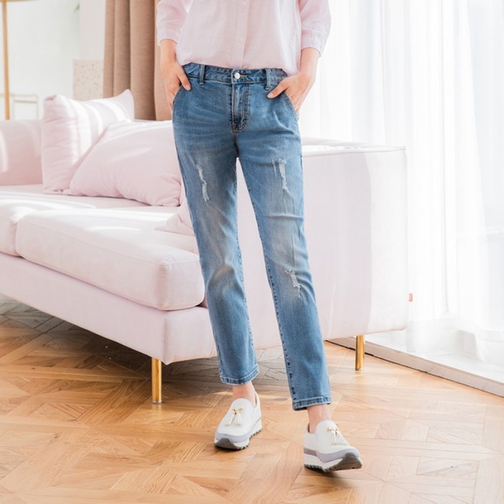 (ジンマニア) より快適なフェイクポケットシンプルヘムスパンバギージーンズ