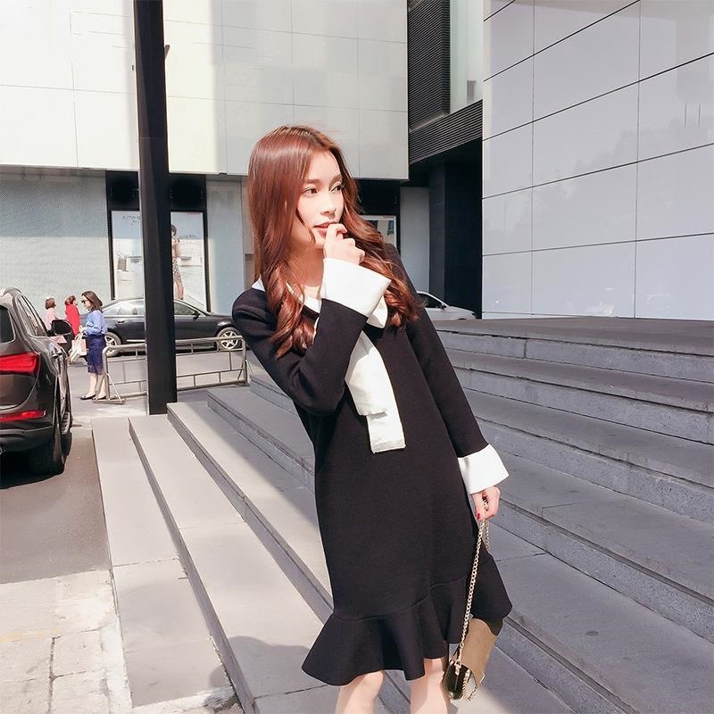 1444.ボウタイフレアワンピース（ブラック） 2019 春夏 sale 大きいサイズ 通勤 通学 レストラン 女子会 お呼ばれ