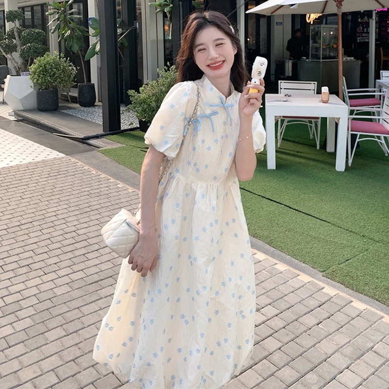 新しい中国風のチャイナドレス女性のための改良された花柄のドレス夏2024新しいスタイルの純粋な甘くてかわいいふわふわの花のつぼみのドレス