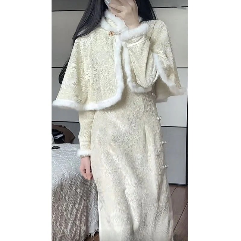 改善されたチャイナドレス 2025 秋と冬若い女性のベルベット肥厚冬白新年ドレス冬