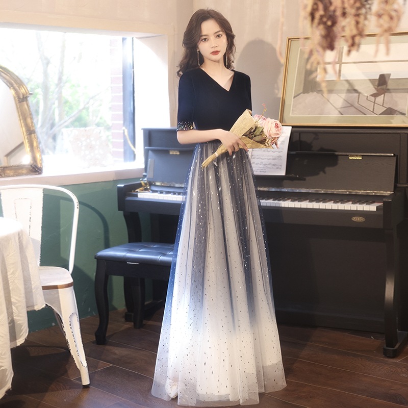 レディース ドレス パーティードレス ワンピース ロング丈 マキシ丈 Vネック グラデーション レース シック 大人 大人かわいい シンプル Aライン モノトーン こなれ感 ブラック 黒