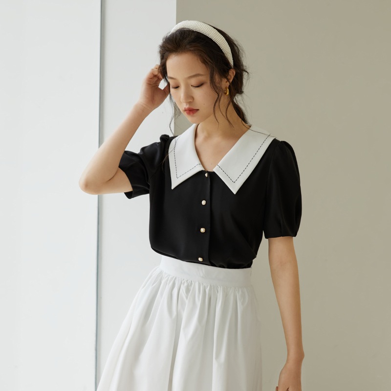 トップス シャツ ブラウス 袖あり 半袖 Vネック 襟付き イートンカラー シフォン ポリエステル 100パーセント かわいい 大人可愛い きれいめ シンプル 大人 上品 おしゃれ お洒落 レトロ