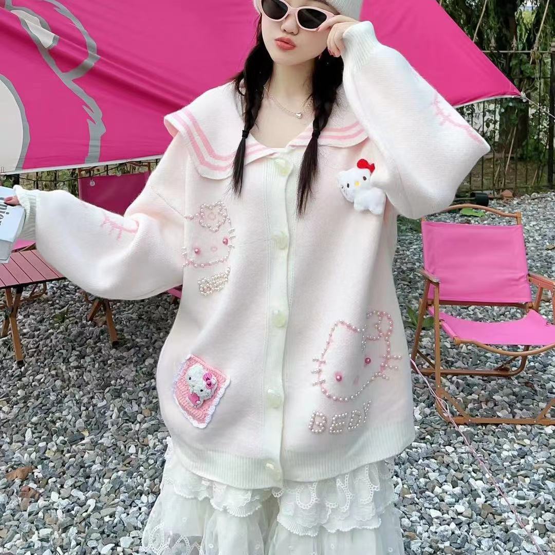 2026新品大人気shanghaihengqカーディガン ニット レディース キティちゃん セーラー襟 可愛い セーター ゆったり ニットカーディガン 服 トップス カジュアル