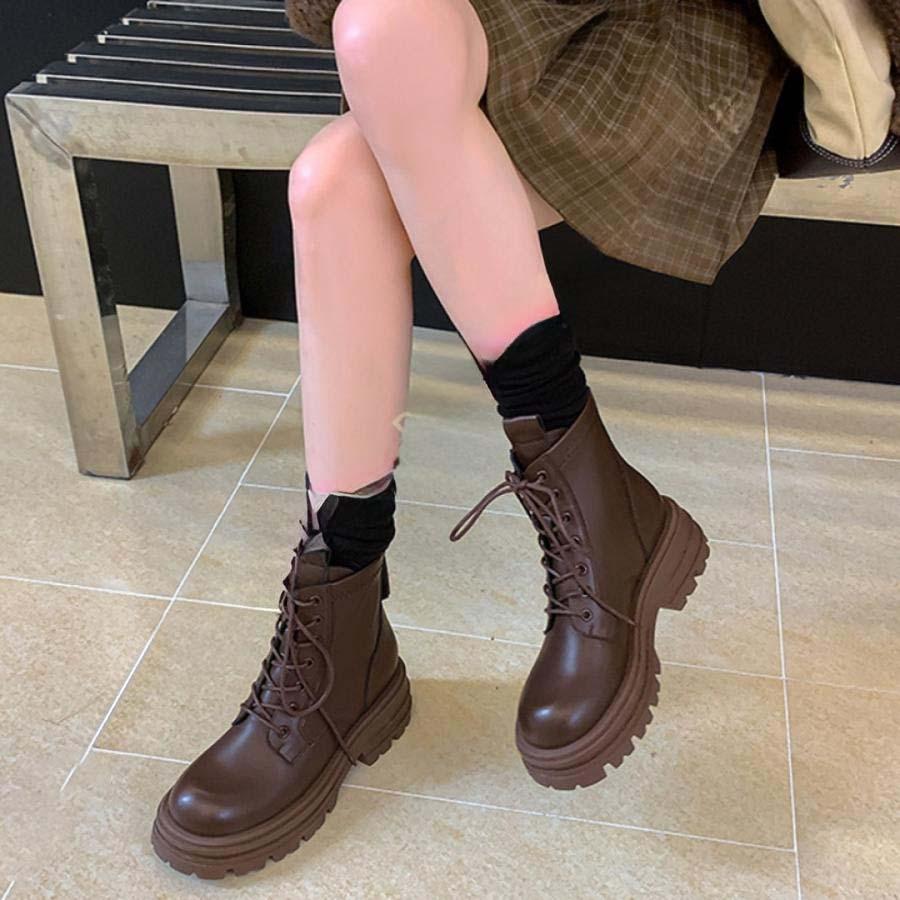 2025新品 数量限定 6CM レースアップ 厚底 ショートブーツ レディース 太ヒール 編み上げブーツ 黒 ブラウン バックジップ 美脚 歩きやすい オシャレ レースアップブーツ 短納期