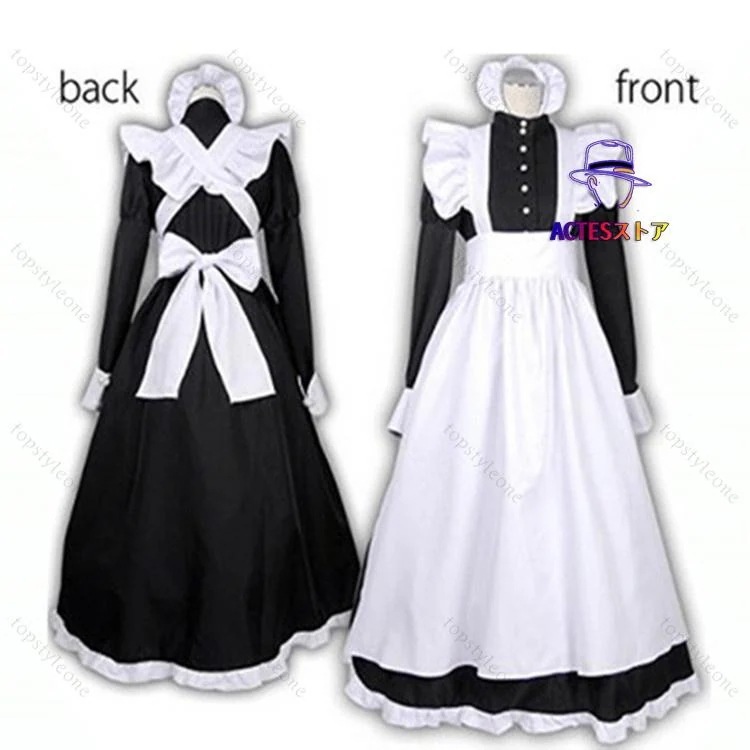 メイド服 ロング コスプレ衣装 メイド イギリス風 フリル クラシカル 黒 ブラック 3点セット ロングワンピース エプロン カシャ コスム ハロウィン