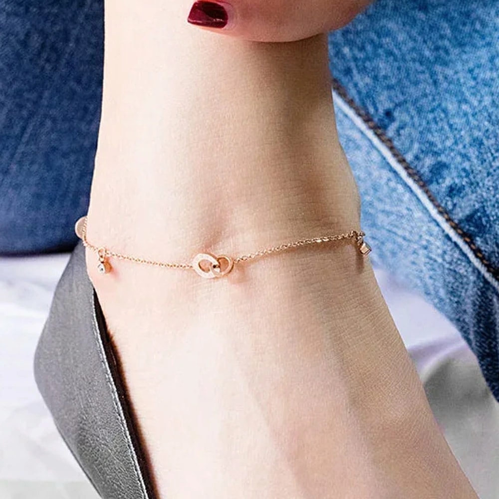 ピンクゴールドダブルリングナンバーチェーンステンレスアンクレット ローマ数字 足首 アクセサリー 綺麗 上品 高級 プレゼント 女性 彼女 チャームで長さ調整可能 母の日 sta00-kj00039