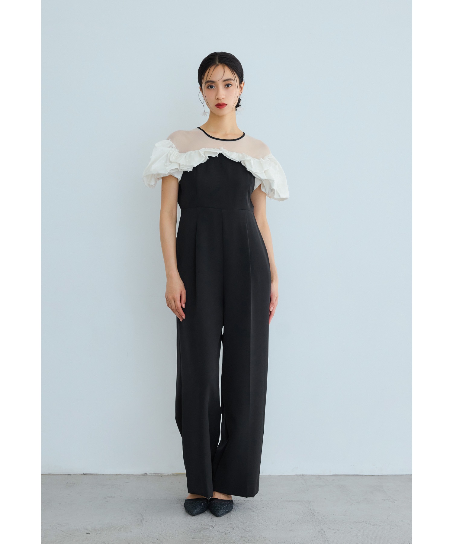 フリルオールインワンパンツドレス パーティードレス 結婚式 ラッフル リボン ワイドパンツ オフショルダー風 チュール 半袖 お呼ばれ パーティー 二次会 披露宴 謝恩会 成人式 同窓会 入学式