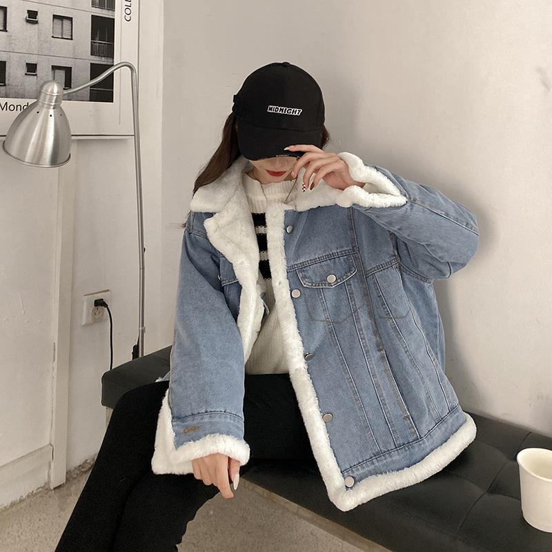 ベルベットと厚みのある用のスタイルのリバーシブルステッチコントラストカラーラムウールデニムコットンコート