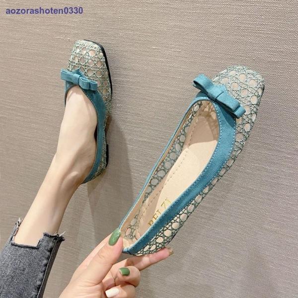 スタイルアップ！ヒールパンプスパンプス 痛くない オフィス ローヒール ぺたんこ リボン付き バレエシューズ フラットパンプス スクエアトゥ 走れる ぺたんこ クッション入り