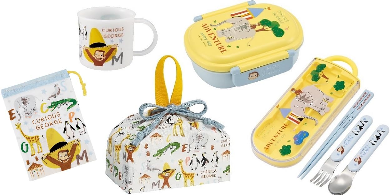 スケーター(Skater) おさるのジョージ 25 ZOO 抗菌 食洗機対応 ふわっとフタタイトランチボックス 小判型 お弁当箱 360ml トリオセット (箸/スプーン/フォーク) コップ コップ袋
