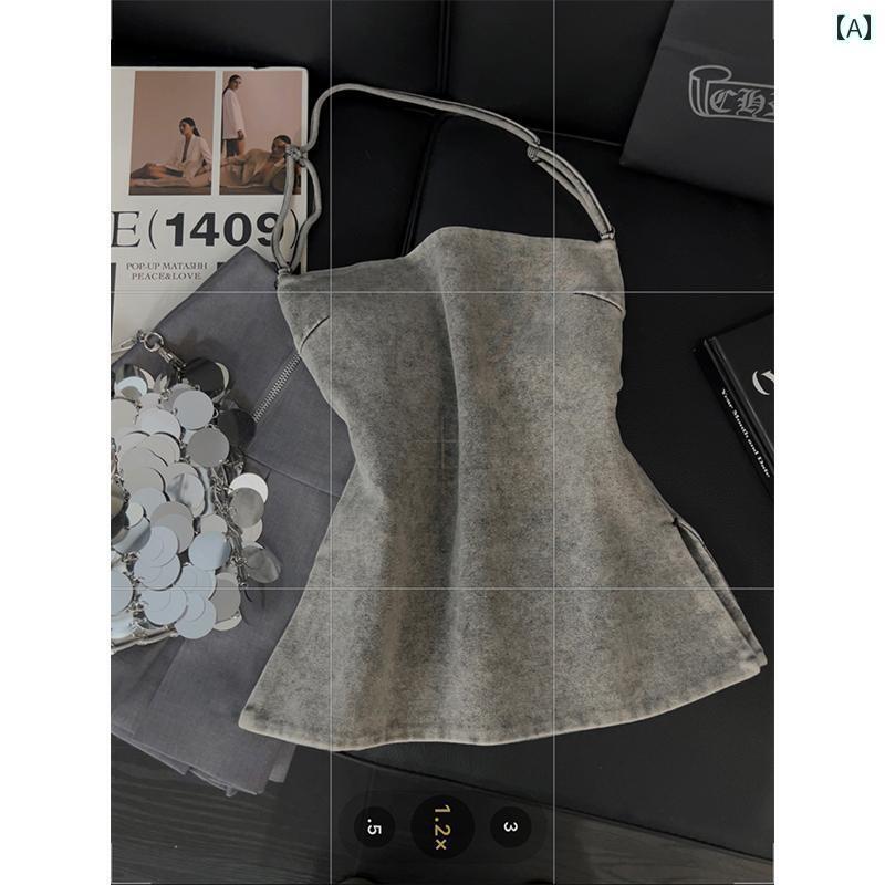 レディース トップス ホルターネック 2025年夏季に.グレーのハイネックホルターネックタンクトップは.レトロスタイルで.優雅オープンバックとスリットが