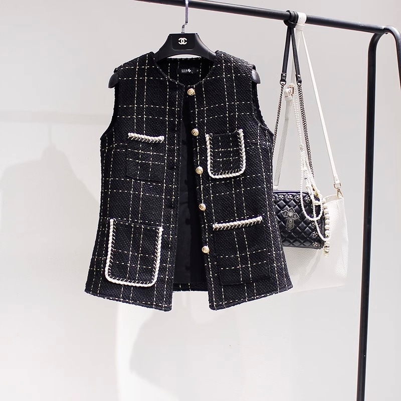 【M-4XL】ウール調ノーカラージレ チェック柄ジレ ツイードジレ ツイード ボタン ジレ ベスト トップス レディース ショート コート レディース 春 秋 冬 オフィスコーデ ママコーデ