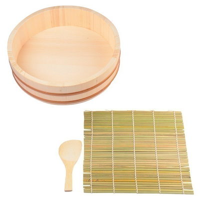 他サイト： 太巻き寿司 寿司桶 桶 天然木 ちらし寿司 27cm 3合 お祝い パーティー 3点セット お寿司パーティー 便利 ゆうパック発送(80cm)/太巻きちらし寿司桶27cm3点セットの商品画像