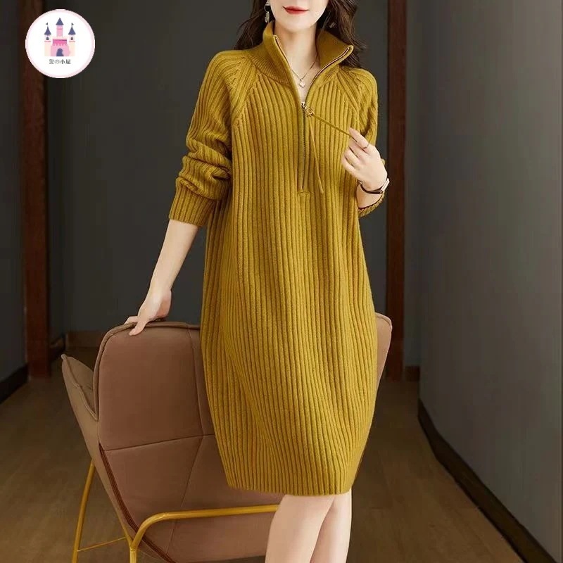 秋冬ファッション ニットワンピース レディース ハイネックジッパーミディアム丈厚手 インナーボトム ニット ロングセーター 韓国ドレス