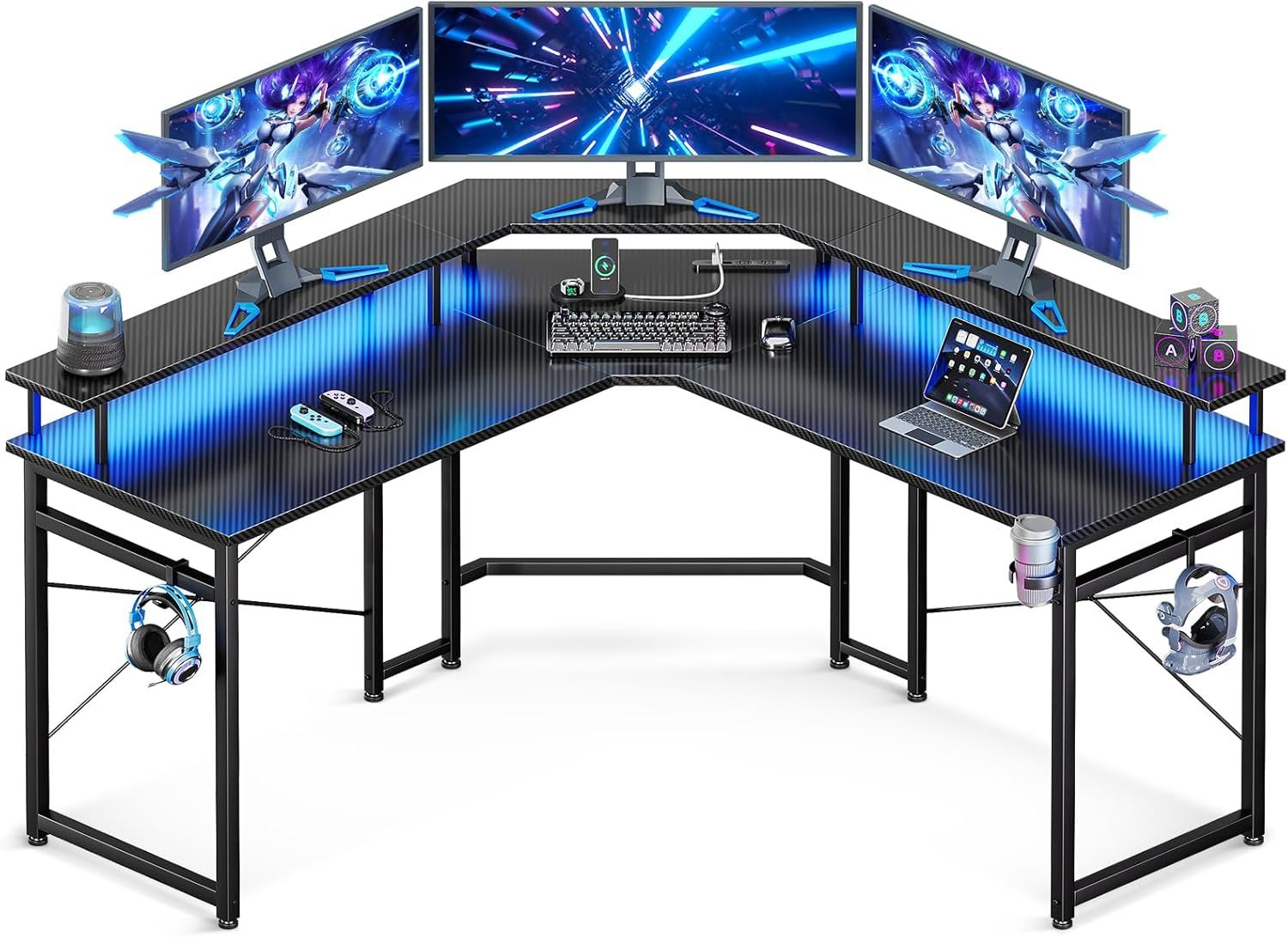 ゲーミングデスク コンセント付き パソコンデスク 机 幅129 収納 desk 仕事用 l字デスク 在宅勤務 組立簡単 カーボン調ブラック