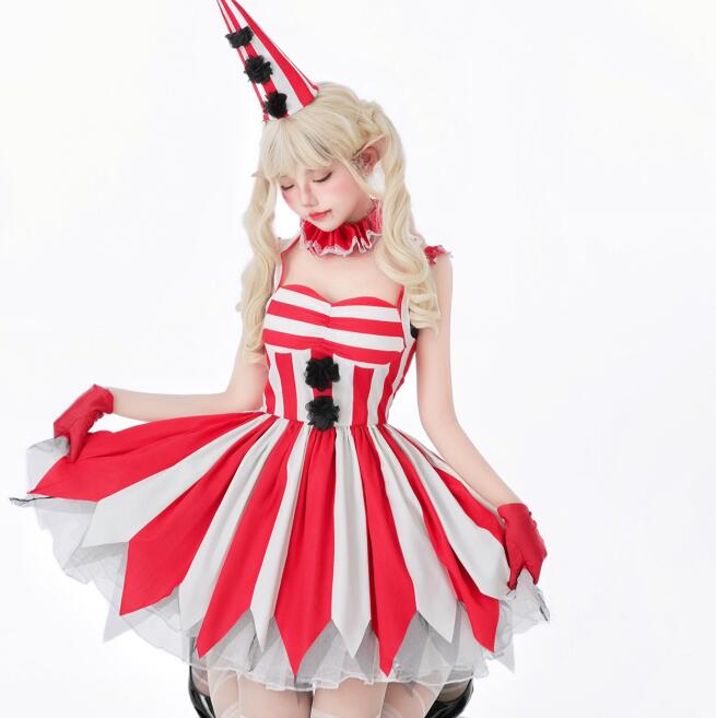 ピエロ コスプレ衣装 レディース ハロウィン ピエロ 変身仮装 悪魔 魔女 精霊 コスチューム 舞台劇 オペラ サーカス 演出服 ストライプ柄 キャミソールドレス イベント 学園祭 コスプレ衣装 レッ