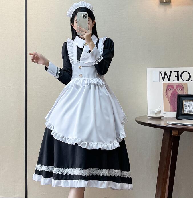 メイド服 ロング丈 長袖 メイドワンピース マキシメイドコスチューム 黒白 メイド服 コスプレ ロリータ ワンピース メイド喫茶 cosplay ロング エプロン ワンピ ハロウィン イベント 仮装