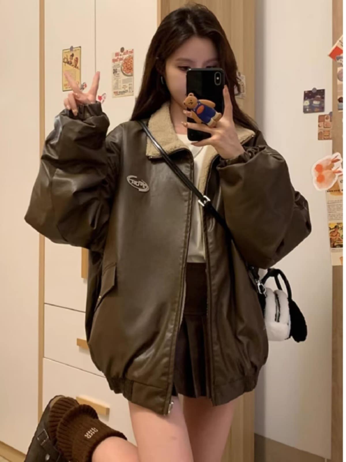 【小到货】防寒 あったか 中綿 レザーアウター 韓国風スタイルアップ かわいい ブルゾンファー付きファッション系裹起毛大人ゆったりカジュアルストリートサイズレディースムートン襟フリース&173