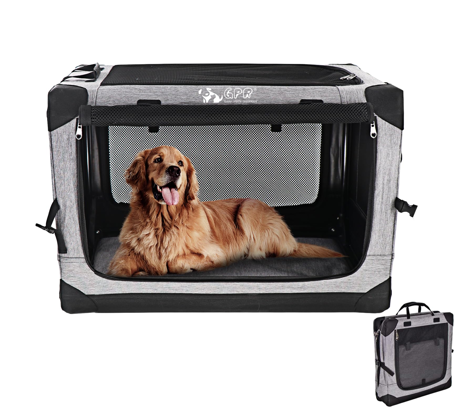 GPR ペット ソフトクレート ケージ ペットキャリー ペットハウス カバー取り外せる 4面メッシュ出入口 鉄フレーム 猫犬兼用 折りたたみ式 洗濯可能 (シルバグレー, XL)
