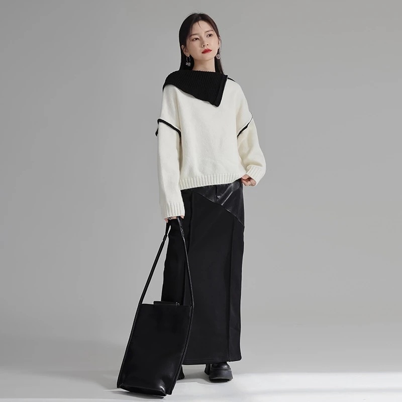人気なリブニットマウンテンパーカー カシミヤタッチ クリスマスコスプレ 人気なリプニット ベーシックニット 【Gorge.Fashion】春 ドッキング ニット セーター レディース トップス パーテ