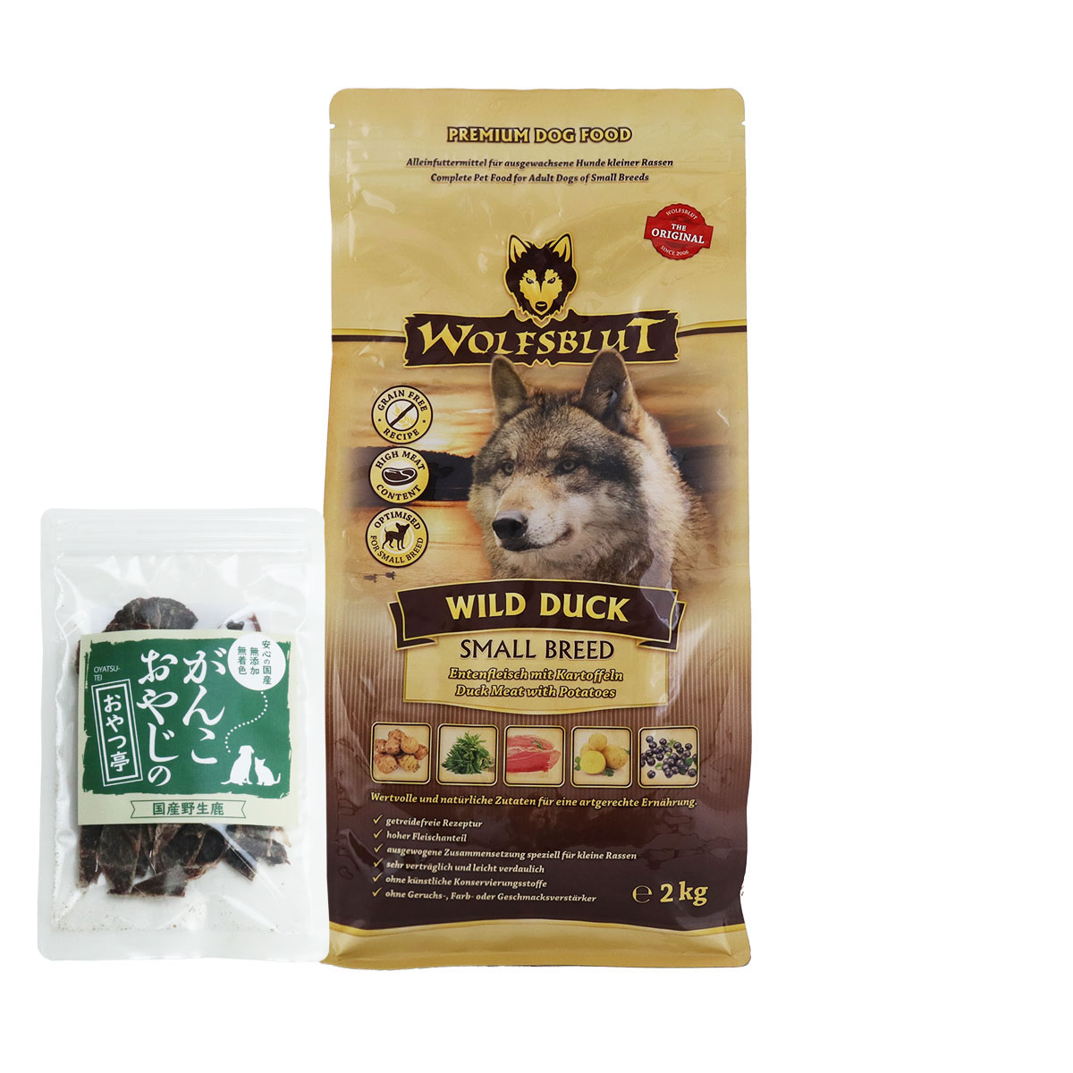 ウルフブラット スモールブリード ワイルド ダック（ダックとポテト） 2kg 【国産鹿肉ジャーキー(お試しサイズ)】