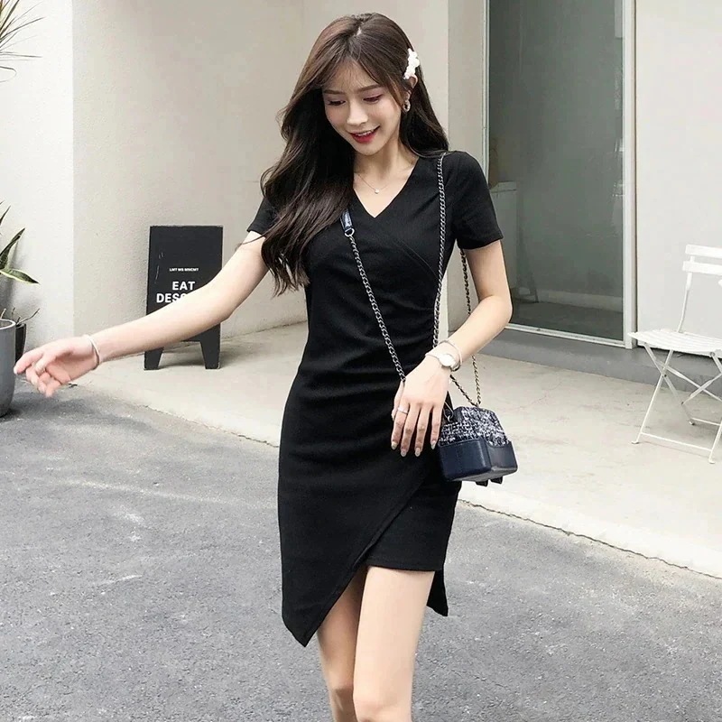 Vネック 無地 ロングワンピーススリットワンピース 体型カバー Tシャツワンピース韓国ファッションシンプルロングワンピース 気品カジュアル ロングワンピースワンピース