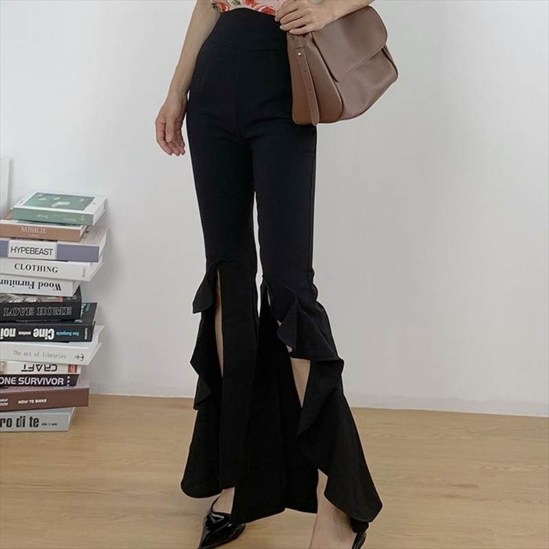 パンツ ロング丈 フレア スリット セクシー 黒 無地 エキゾチック 上品 フォーマル ズボン レディース ボトムス 春 夏 カッコイイ ラフ ハイウエスト クール いい女 パーティー お出かけ 衣装