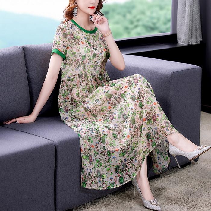 ワンピース レディース マキシ丈ワンピース 春夏 半袖ワンピース きれいめ花柄シフォンスカートAライン 韓国風 通勤OL オシャレ大きいサイズ 30代 50代