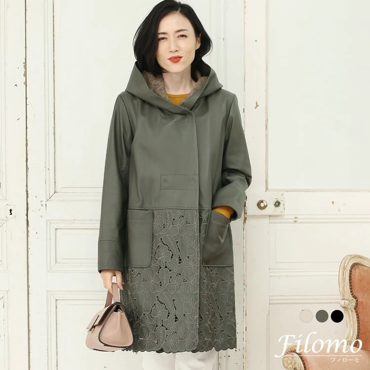 ラムレザーコート花柄刺繍