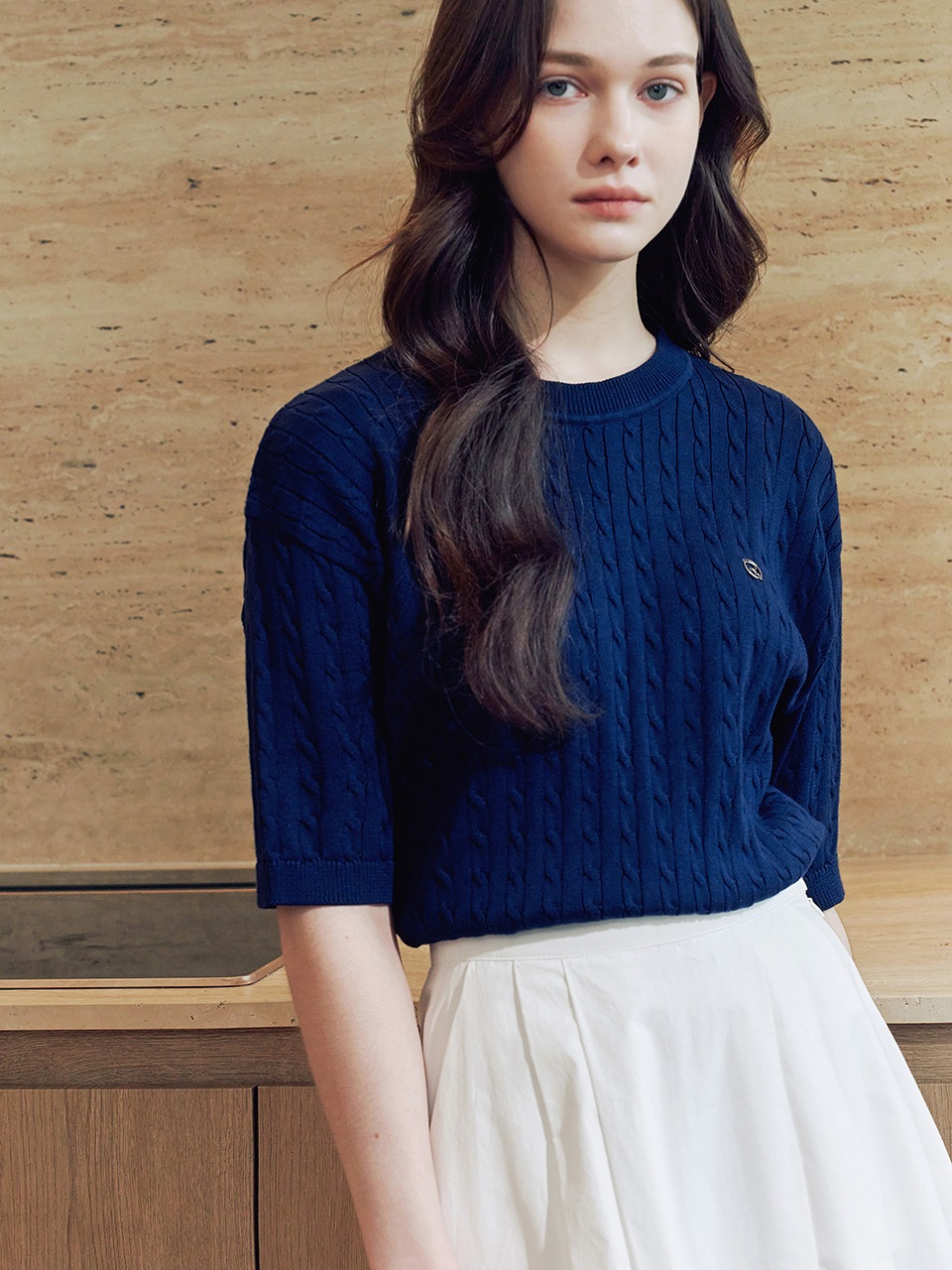 ハーフラウンド ケーブル ニット ネイビー