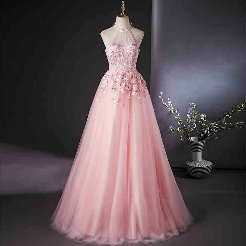 カラードレス ロングドレス パーティードレス ピンク お花 フラワー チュール アメリカンスリーブ ホルダーネック リボン ハイネック ウェディングドレス ウエディングドレス 結婚式 二次会 花嫁 前