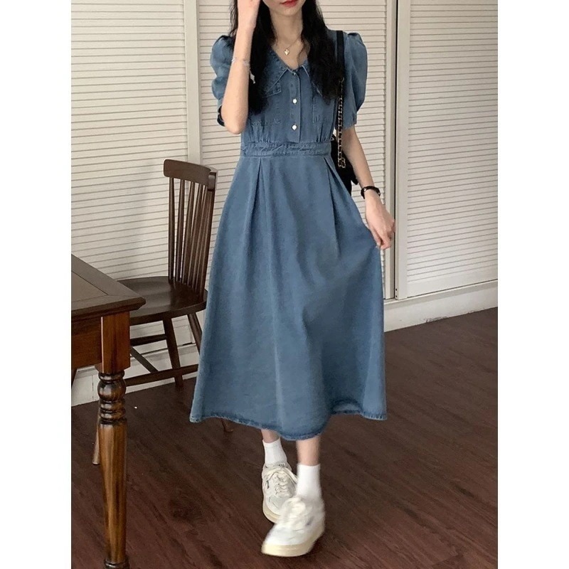 2024 夏韓国デニムドレスパフスリーブ痩身カバーレトロスタイル半袖スカート女性用