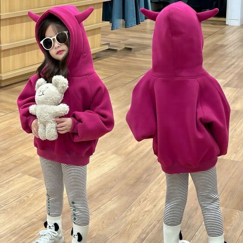 【急速出荷!】女の子フリーススウェットシャツ2024秋冬スタイル子供用小悪魔フード付きコートベビー女の子冬トップス