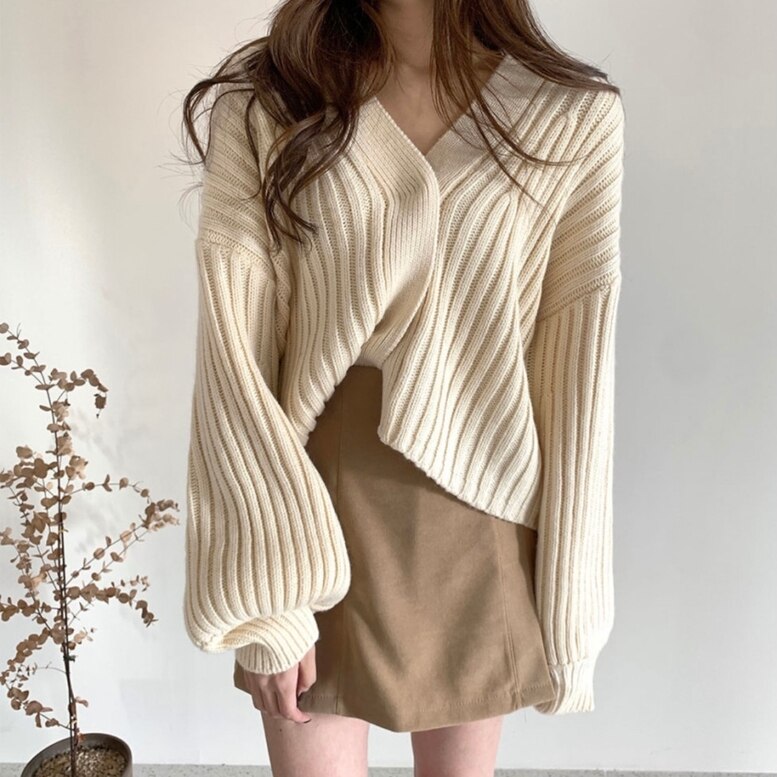 2color リブニットカーディガン パフVカーディガン バルーンスリーブVネックカーディガン