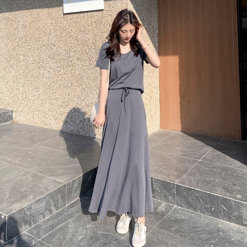 セットアップ ルームウェア 部屋着 ロングスカート ロング ロング丈 袖あり 半袖 ラウンドネック フレア セミフレア スリット ビスコース繊維 上下セット 2点セット ツーピース お得 かわいい