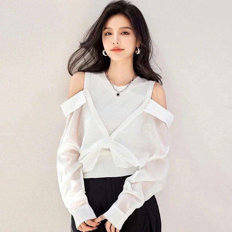 3日出荷 オフショルダー切り替え トップス オフィスカジュアル シャツ ブラウス 春服 レディース